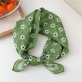 Green cotton linen square scarf with daisy floral print and plaid pattern in a soft knot - Three-frame Daisy Green