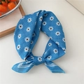 Blue square cotton linen scarf featuring a white daisy print and elegant knot design - Three-frame Daisy Blue