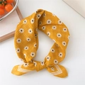 Yellow linen cotton scarf with white daisy print and striped borders for styling - Three-frame Daisy Yellow
