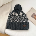 Detail of grey knitted hat with pompom and snowflake pattern on white fabric - Snowflake Bird Grid Style / Dark Gray
