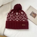 Close-up of knit winter hat featuring snowflake jacquard patterns and a large pom-pom - Snowflake Bird Grid Style / Red