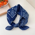 Dark blue paisley cotton bandana featuring vintage geometric floral prints in a knotted style - Point Flower Leaf Navy