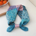 Blue and pink patterned cotton linen scarf tied in a bow with vintage ethnic prints - Lattice Copper Flower