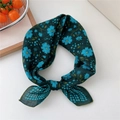 Dark teal cotton linen floral neckerchief with blue daisies and polka dot patterns - Bubble Flower