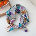 Floral cotton linen square scarf with vintage lily print and yellow rolled edges - Multi-color Flower