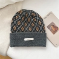 Close-up of argyle knit beanie with a folded ribbed cuff and minimal fabric label detail - One Size (23*24cm) / American Grey Argyle (5BOWLOW American Grey Argyle)