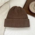 Detail of dark brown cable knit wool hat with wide fold-up cuff on a soft beige fabric - One Size(24*24cm) / Dark Brown