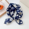 Navy blue floral square scarf with white lace trim and minimalist geometric pattern - Navy Blue Leaf (02 Cotton)