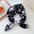Black and white printed linen silk scarf featuring elegant white lace embroidery edges - Black Leaf (03 Cotton)