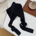 Close-up of black knitted cat ear hat featuring fluffy mohair texture and long straps - Black (2BOWLOW Fox Black)