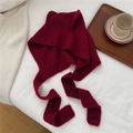 Detail of burgundy knitted balaclava with cat ears on a cozy white blanket background - Wine Red (5BOWLOW Fox Wine)