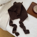 Close-up of a dark brown knitted balaclava with cute ears and scarf on white bedding - Brown (6BOWLOW Fox Brown)