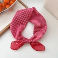 Red and white gingham cotton linen square scarf tied in a knot with life-style scene - Gingham Red
