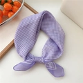 Purple and white gingham pattern cotton linen square scarf with elegant draped style - Gingham Purple