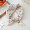 Cotton linen square scarf featuring vintage orange floral print and white fabric texture - 8be-Plumeria Bouquet Green Line / 55*55CM