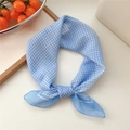 Classic blue and white checkered cotton linen scarf styled as a fashion necktie - Gingham Blue