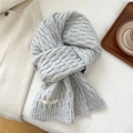 Detail of light grey wool blend scarf showing thick knit texture and brand label - Light Gray