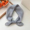 Elegant grey Vichy plaid cotton linen scarf tied in a knot for women fashion - Gingham Grey