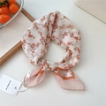 Light pink cotton linen square scarf with delicate orange floral print and logo tag - 12be-Orange Torch Tree / 55*55CM