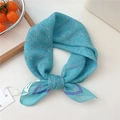 Linen cotton square scarf with blue floral pattern and decorative knotted design - 15be-White Floating Leaves Cyan / 55*55CM