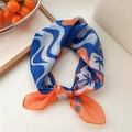 Blue and orange cotton linen square scarf with palm tree print and wave patterns - Tropical Orange