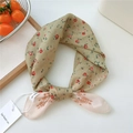 Floral cotton linen scarf in khaki and red with paisley print ends and brand tag - 19be-Leaves Around Apricot Border / 55*55CM