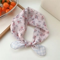 Pink floral cotton linen small square scarf with blue plaid bow detail on white base - Pastel Floral