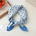 Floral print cotton linen neck scarf with blue flowers on a white background - 22be-Blue Twig Blue Frame / 55*55CM