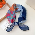 Navy blue and pink floral geometric cotton linen scarf tied as a necktie knot - 25be-LOVE Floral Carpet Navy Frame / 55*55CM