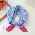 Blue striped cotton linen scarf with pink rabbit and berry prints and pink borders - 26be-Rabbit Stripe / 55*55CM