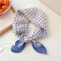 Navy polka dot and bow print small square scarf with white lace trim detail - Dot Bow Blue (2be)