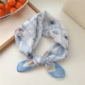 Blue and white checkered cotton linen scarf with floral patterns and hedgehog prints - Hedgehog Blue
