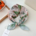 Pink retro floral cotton linen square scarf with paisley pattern and soft pastel tones - 30be-Dancing Lightly / 55*55CM