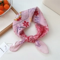 Pink breathable cotton linen small square scarf with floral and cartoon pattern prints - 31be-Flower Princess Pink / 55*55CM