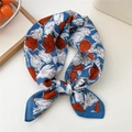 Navy blue cotton linen square scarf with orange tulip pattern in a stylish knotted display - 3 Cotton-Paper Flower Blue (Tulip)