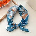 Peacock blue cotton linen scarf with orange moon and star artistic hand-painted patterns - Nature