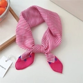 Pink and white striped silk scarf with blue polka dots and a minimalist product tag - Corner Dot Fine Stripes Rose Red (11be)