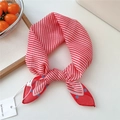 Red and white striped silk scarf featuring blue polka dots tied into a neat bow - Corner Dot Fine Stripes Red (12be)
