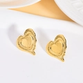 Detailed view of golden heart stud earrings with vintage textured edges and mirror finish - Double-Layer Radiating Groove Heart Style (EH021)
