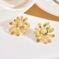 Detailed view of gold flower earrings with polished petals and textured center - Bright Gold Daisy Floral Style (EH063)