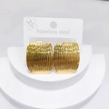 Golden stainless steel rectangular earrings with vertical water ripple texture design - Vertical Water Ripple Rounded Rectangle Style (EH042)