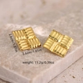 Square gold stainless steel stud earrings with textured woven pattern measuring 2.6cm - Square Woven Texture Style (EH056)