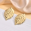 Golden leaf-shaped stainless steel stud earrings with detailed 3D vein texture - Metallic Gloss 3D Leaf Style (EH066)