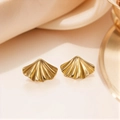 Golden fan-shaped stainless steel stud earrings with textured irregular geometric surface - Fan-Shaped Radiating Pleated Style (EH008)