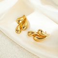 Polished gold stainless steel triple-drop stud earrings on elegant silk background - Mirror Gloss Abstract Teardrop Style (EH017)