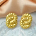 Golden irregular geometric stud earrings with textured finish on champagne satin - 3D Spiral Ripple Style (EH009)