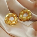 Irregular textured gold stainless steel geometric stud earrings on champagne silk fabric - Lava Texture Irregular Loop Style (EH032)