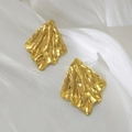 Irregular golden stainless steel stud earrings with textured wavy surface and glossy finish - Wavy Pleated Trapezoid Fan Style (EH052)
