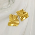 Golden irregular geometric studs with wrinkled finish on white silk background - Irregular Pleated Square Polished Style (EH022)