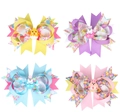 Easter hair bows set for girls with rabbit and chick resin icons on grosgrain ribbon - Colorful